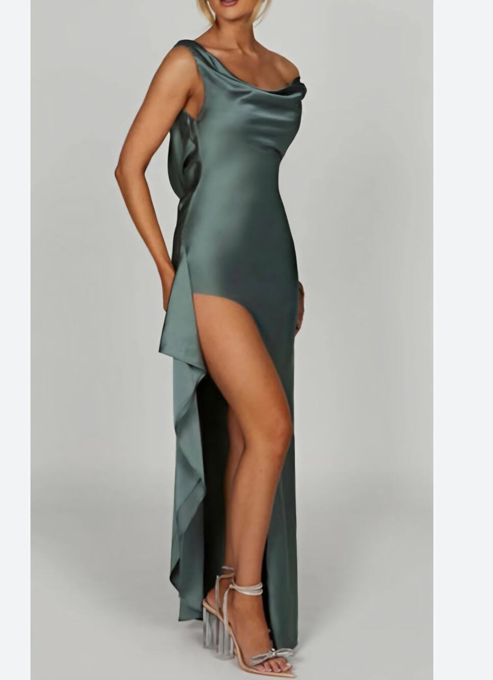 Babyboo Marilyn Sage Green Satin Maxi Dress Medium NWT Cowl Off Shoulder Split